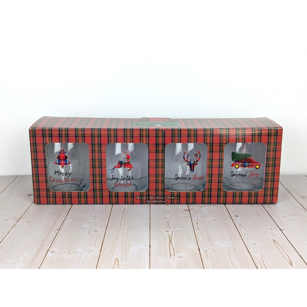 Winterberrie Lane Christmas Stemless Glasses 20 oz Set of 4 Plaid Holiday NIB